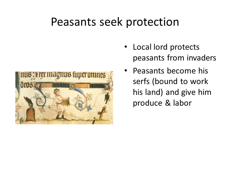 Peasants seek protection Local lord protects peasants from invaders Peasants become his serfs (bound to work his land) and give him produce & labor