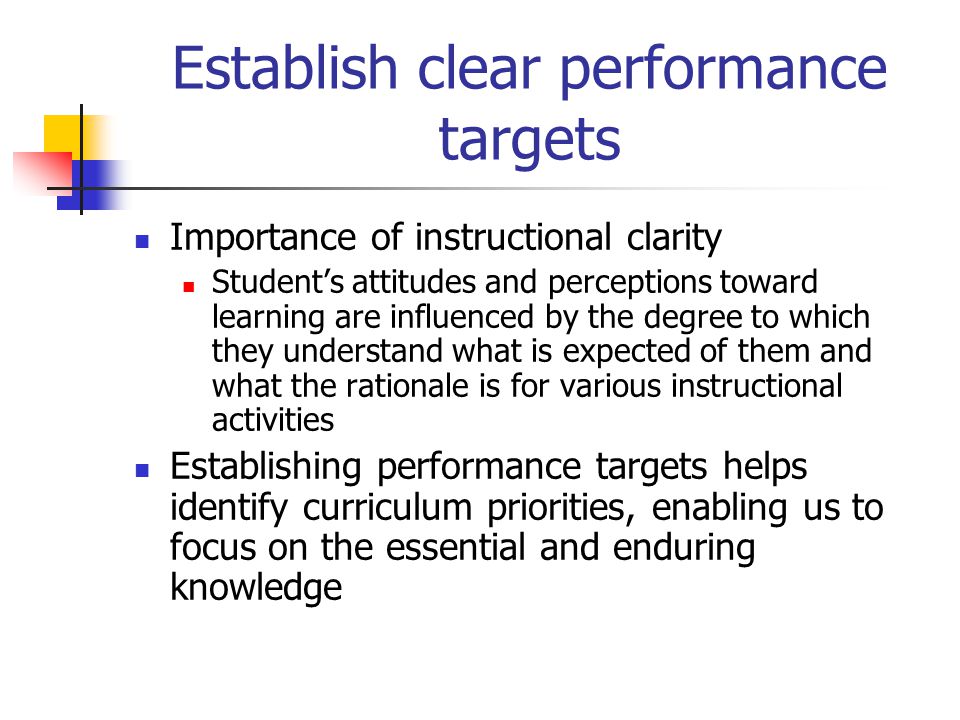 Establish clear performance targets Importance of instructional clarity Student’s attitudes and perceptions toward learning are influenced by the degree to which they understand what is expected of them and what the rationale is for various instructional activities Establishing performance targets helps identify curriculum priorities, enabling us to focus on the essential and enduring knowledge