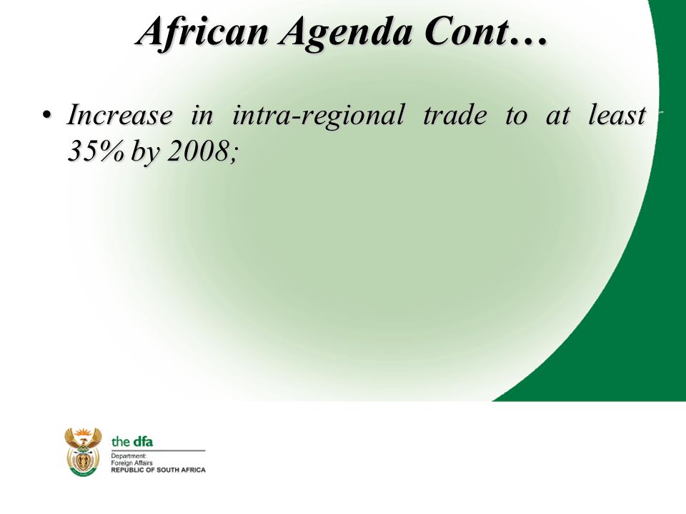 African Agenda Cont… Increase in intra-regional trade to at least 35% by 2008;Increase in intra-regional trade to at least 35% by 2008;