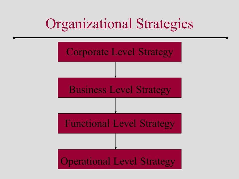 Organizational Strategies Corporate Level Strategy Business Level Strategy Operational Level Strategy Functional Level Strategy