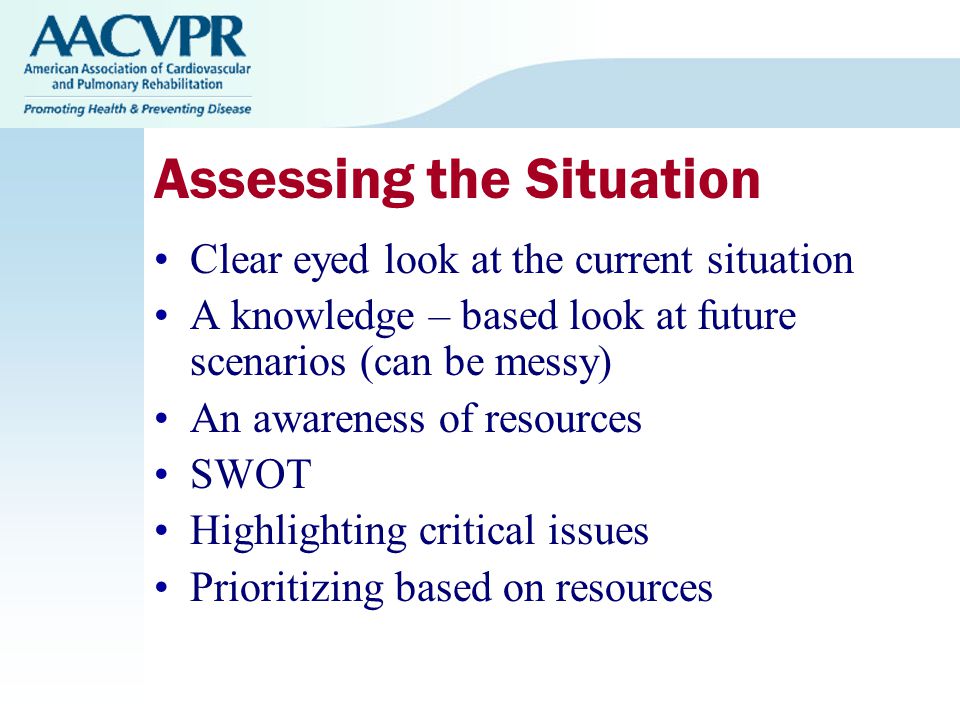 Assessing the Situation Clear eyed look at the current situation A knowledge – based look at future scenarios (can be messy) An awareness of resources SWOT Highlighting critical issues Prioritizing based on resources