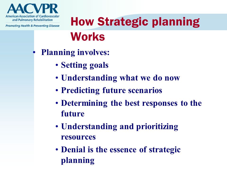 How Strategic planning Works Planning involves: Setting goals Understanding what we do now Predicting future scenarios Determining the best responses to the future Understanding and prioritizing resources Denial is the essence of strategic planning
