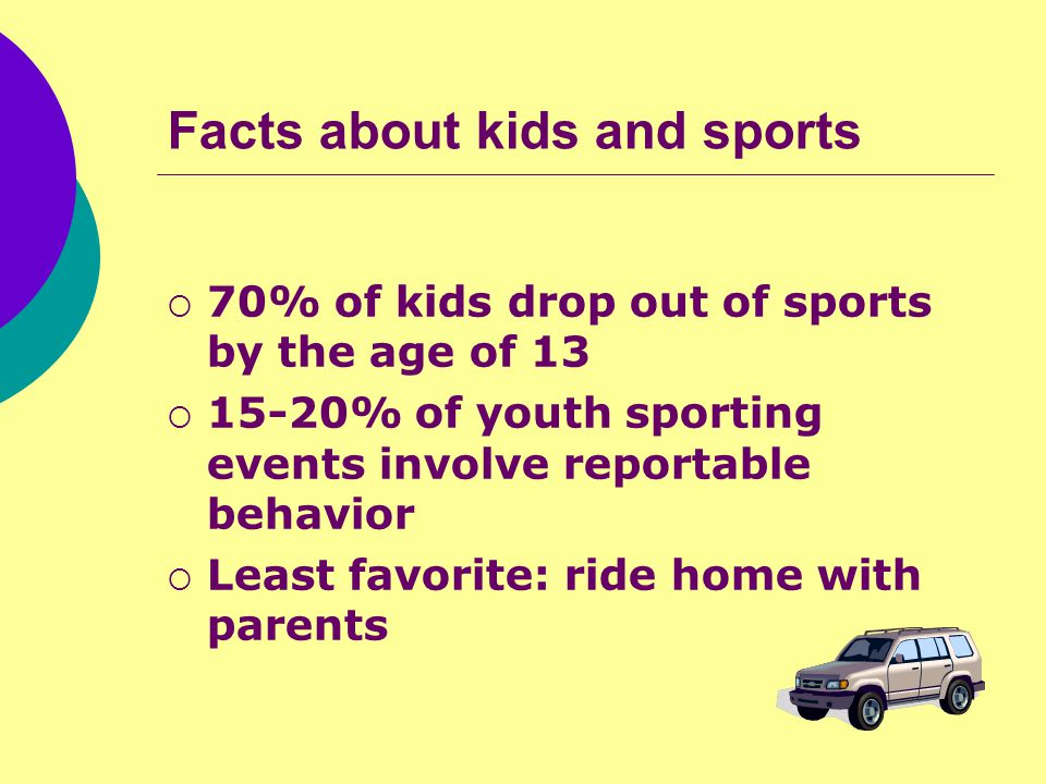 Facts about kids and sports  70% of kids drop out of sports by the age of 13  15-20% of youth sporting events involve reportable behavior  Least favorite: ride home with parents