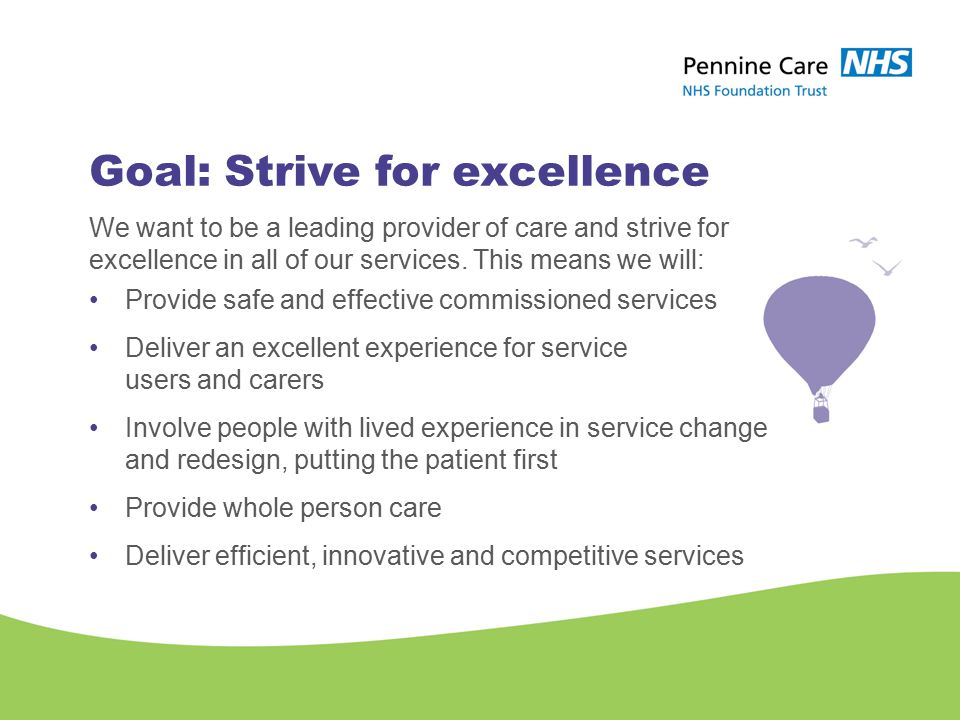 Goal: Strive for excellence We want to be a leading provider of care and strive for excellence in all of our services.