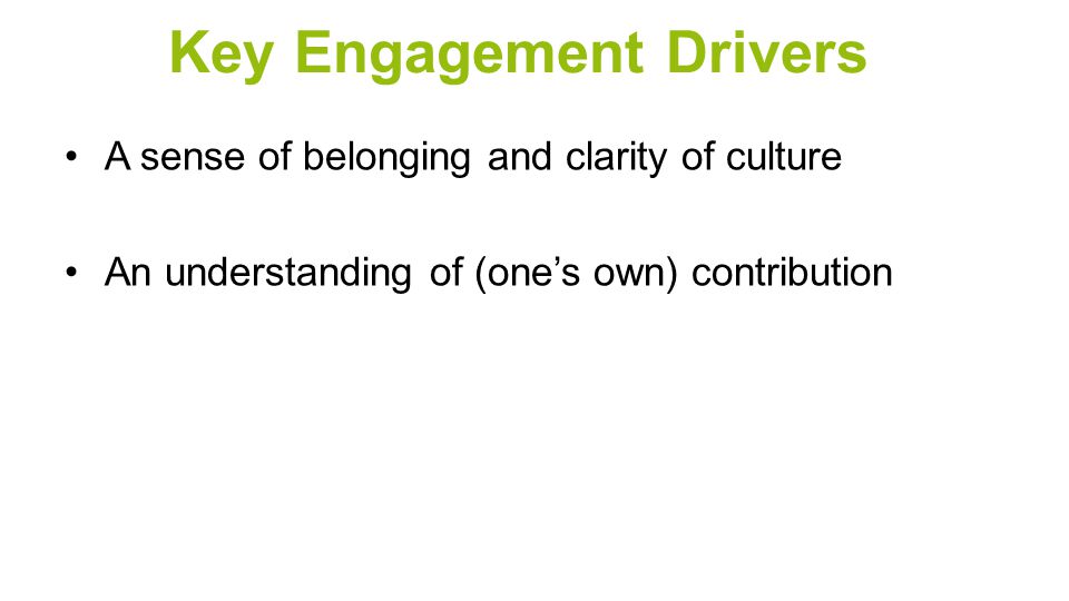 Key Engagement Drivers A sense of belonging and clarity of culture An understanding of (one’s own) contribution