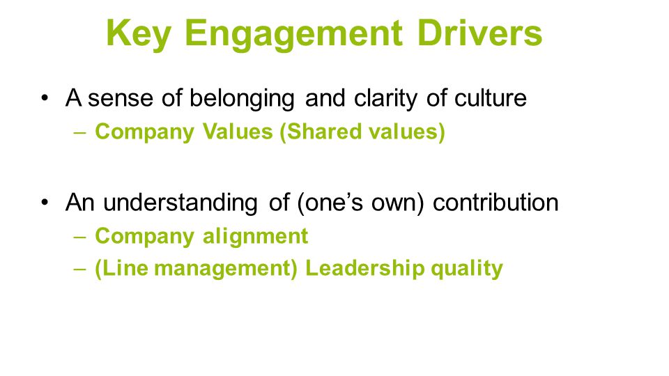 Key Engagement Drivers A sense of belonging and clarity of culture –Company Values (Shared values) An understanding of (one’s own) contribution –Company alignment –(Line management) Leadership quality