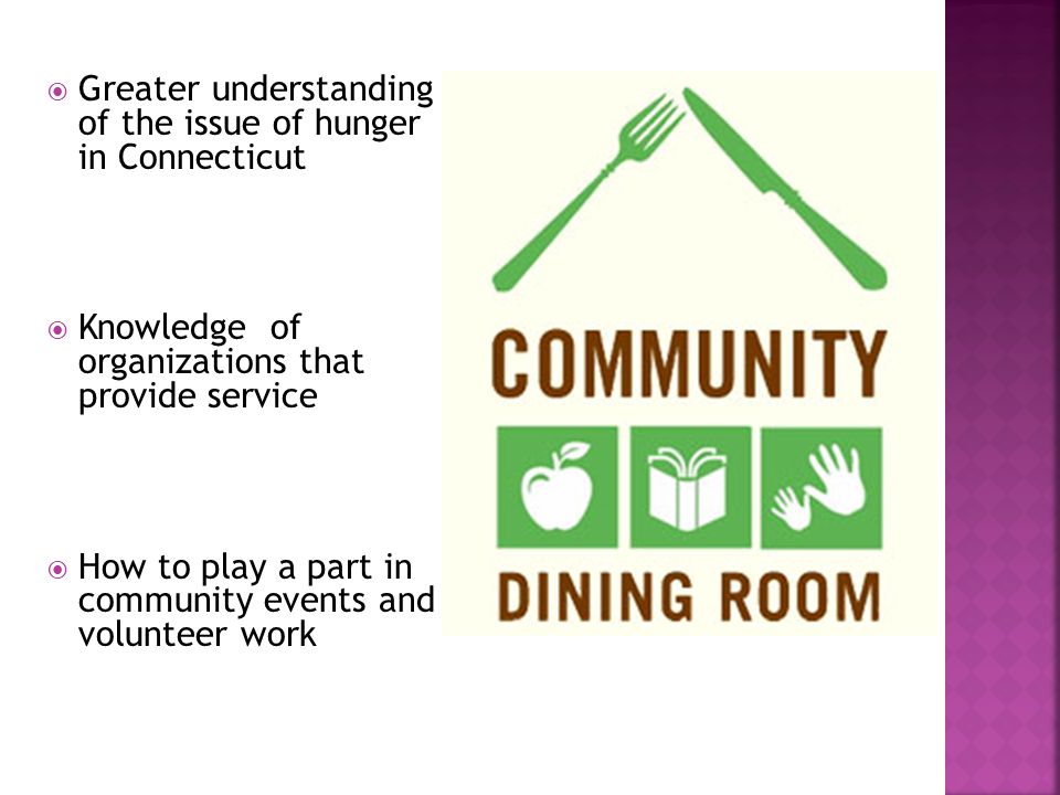  Greater understanding of the issue of hunger in Connecticut  Knowledge of organizations that provide service  How to play a part in community events and volunteer work