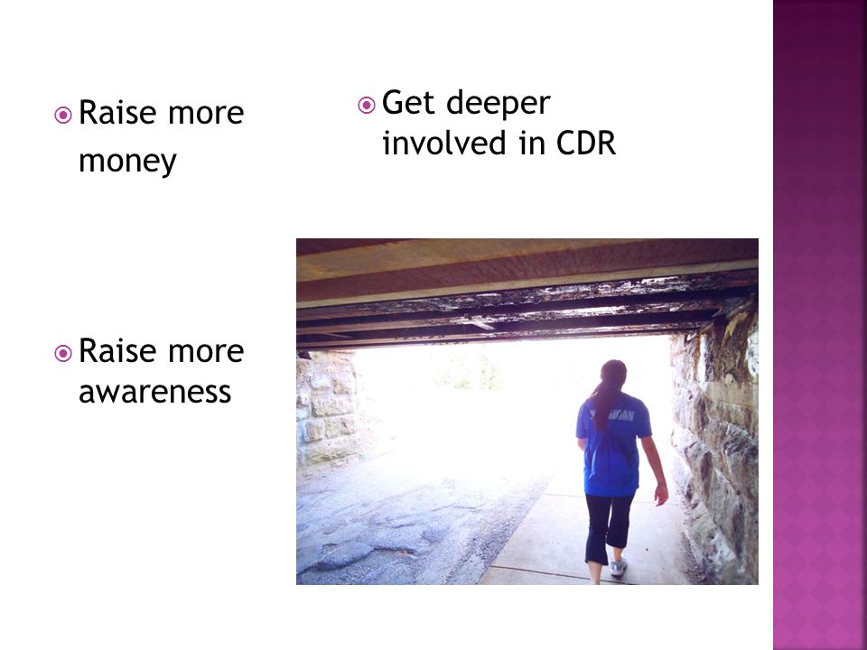  Raise more money  Raise more awareness  Get deeper involved in CDR