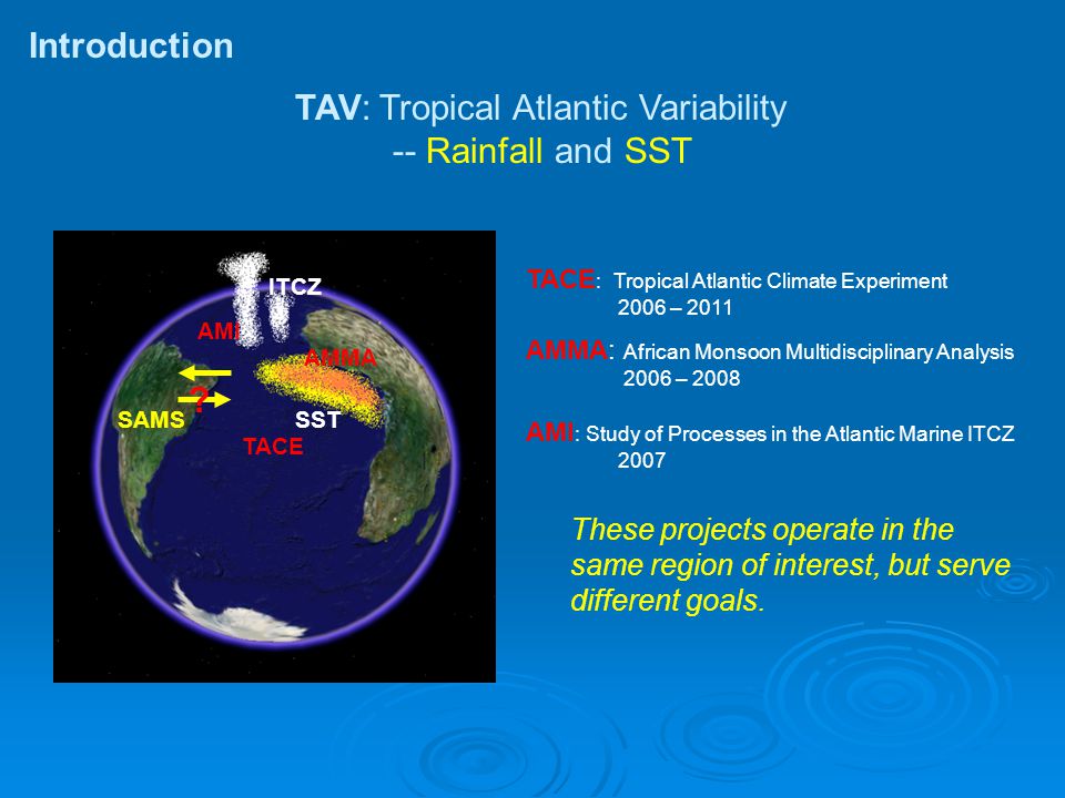TAV: Tropical Atlantic Variability -- Rainfall and SST ITCZ SST These projects operate in the same region of interest, but serve different goals.