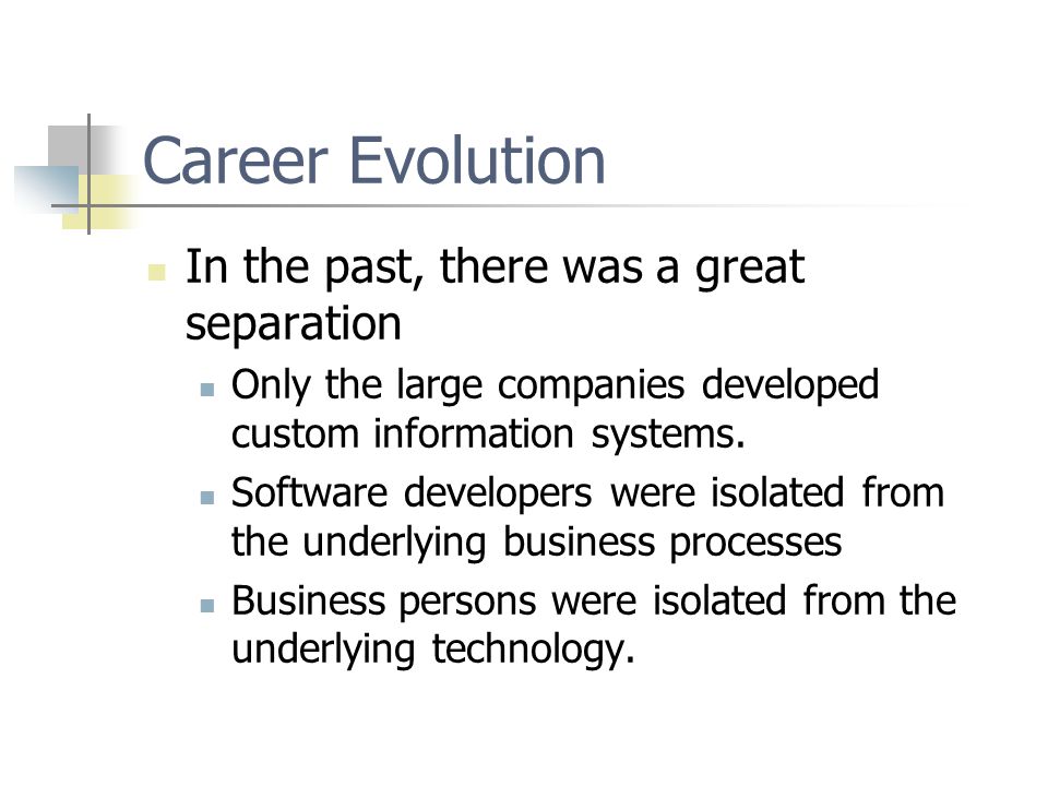 Career Evolution In the past, there was a great separation Only the large companies developed custom information systems.