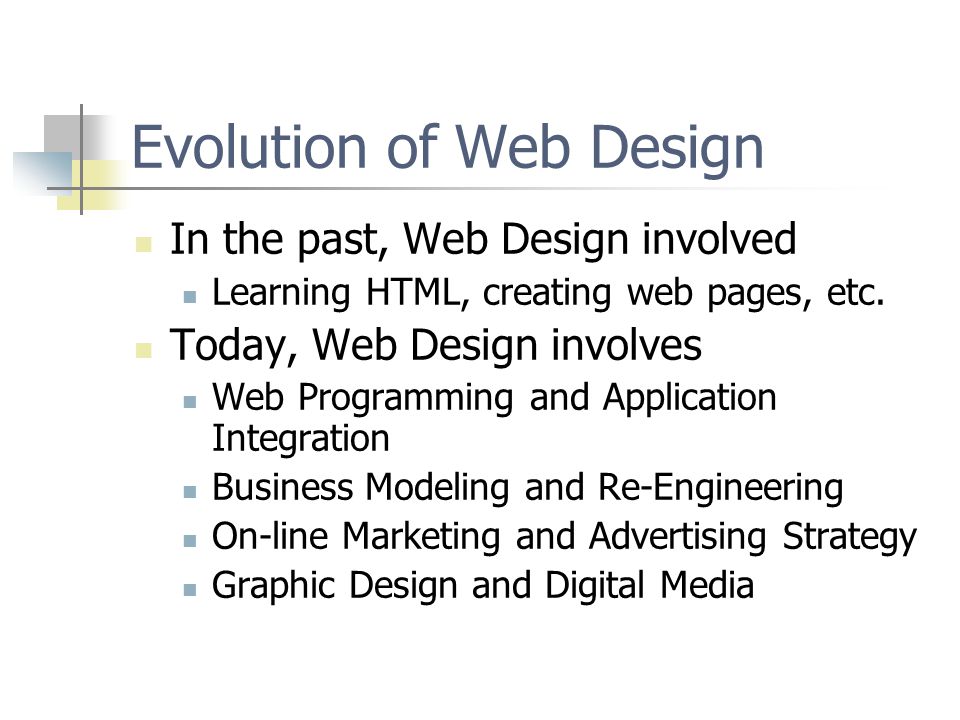 Evolution of Web Design In the past, Web Design involved Learning HTML, creating web pages, etc.