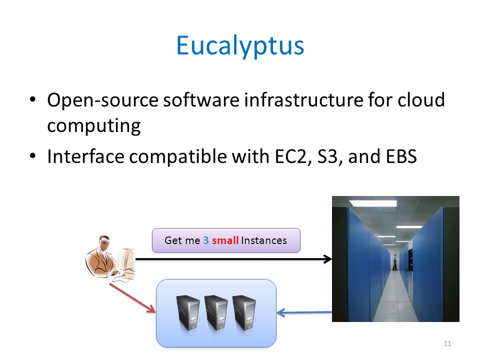 Eucalyptus Open-source software infrastructure for cloud computing Interface compatible with EC2, S3, and EBS Get me 3 small Instances 11