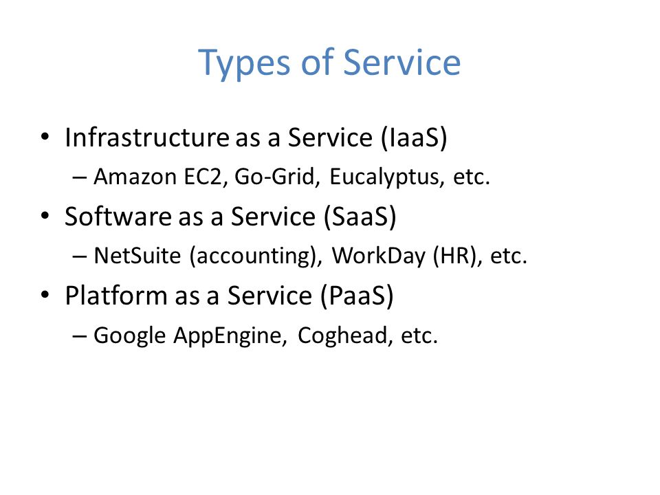 Types of Service Infrastructure as a Service (IaaS) – Amazon EC2, Go-Grid, Eucalyptus, etc.