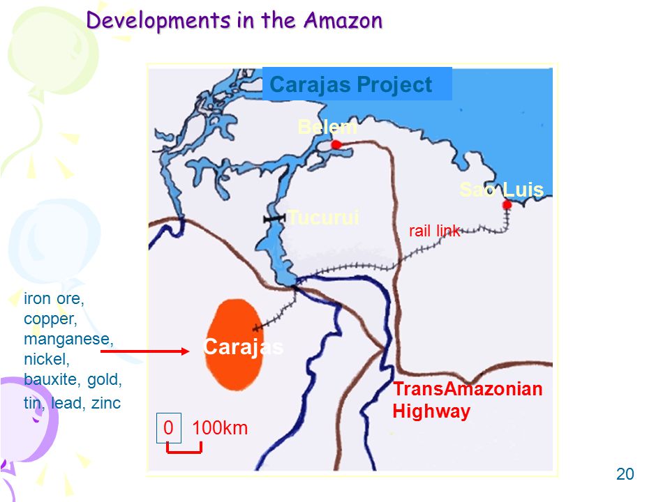 20 Developments in the Amazon Carajas Project iron ore, copper, manganese, nickel, bauxite, gold, tin, lead, zinc Carajas Sao Luis Belem Tucurui TransAmazonian Highway rail link 0 100km