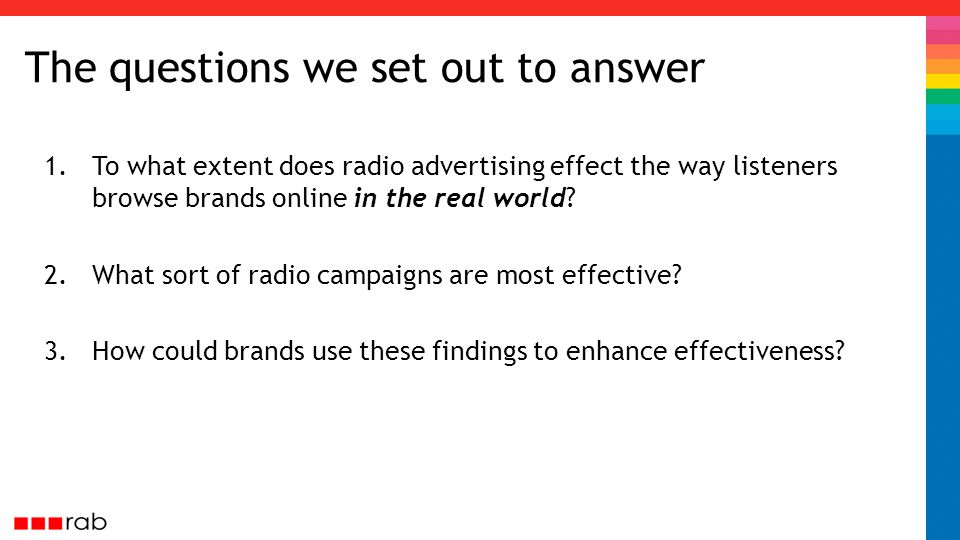 The questions we set out to answer 1.To what extent does radio advertising effect the way listeners browse brands online in the real world.