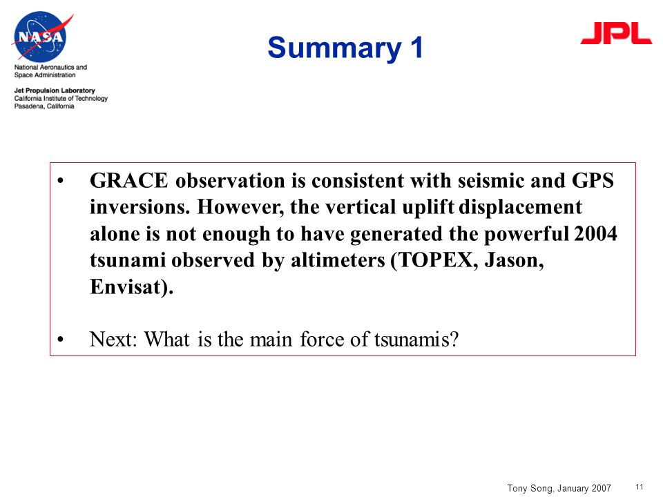 11 Summary 1 Tony Song, January 2007 GRACE observation is consistent with seismic and GPS inversions.