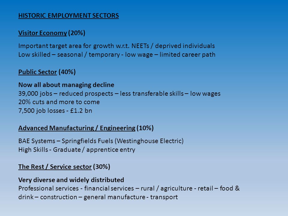 HISTORIC EMPLOYMENT SECTORS Visitor Economy (20%) Important target area for growth w.r.t.