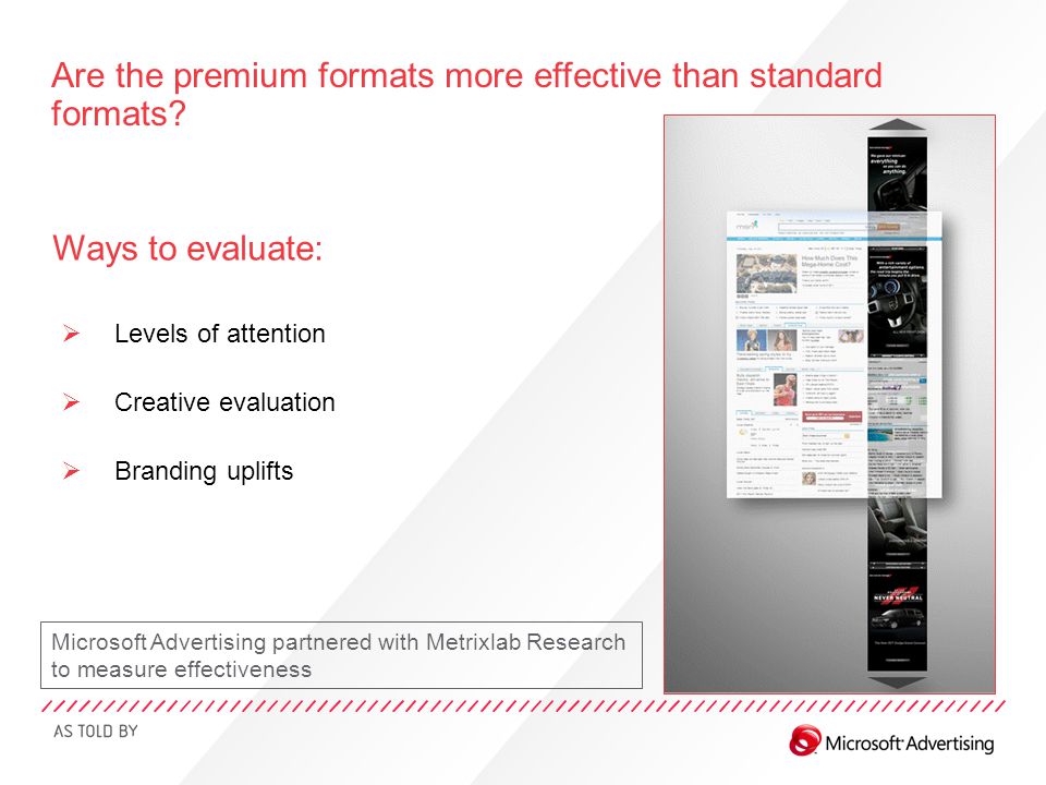 Ways to evaluate:  Levels of attention  Creative evaluation  Branding uplifts Are the premium formats more effective than standard formats.