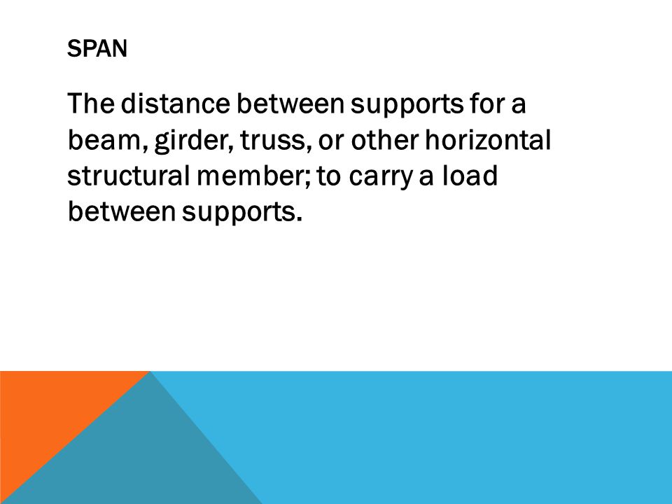 SPAN The distance between supports for a beam, girder, truss, or other horizontal structural member; to carry a load between supports.