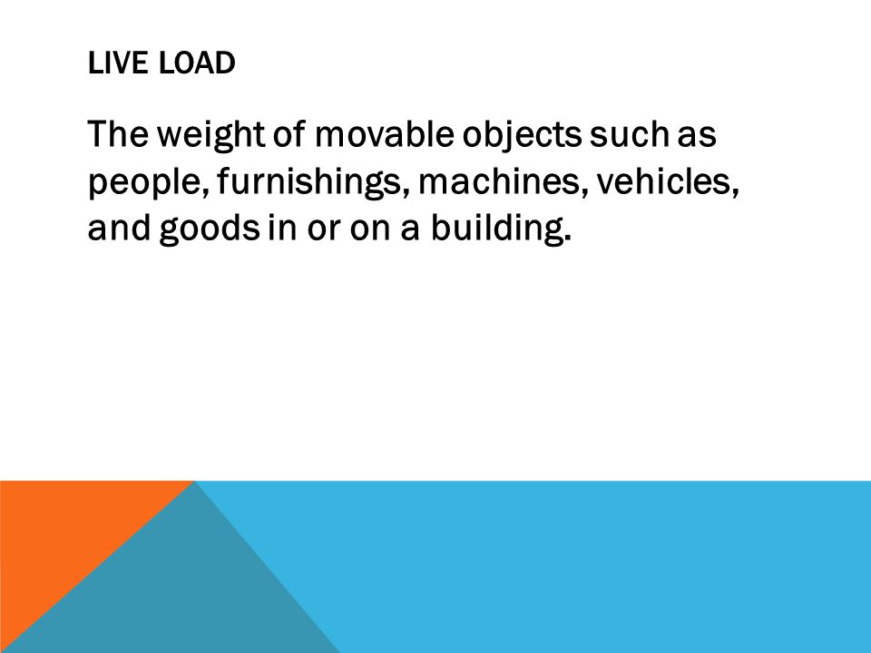 LIVE LOAD The weight of movable objects such as people, furnishings, machines, vehicles, and goods in or on a building.