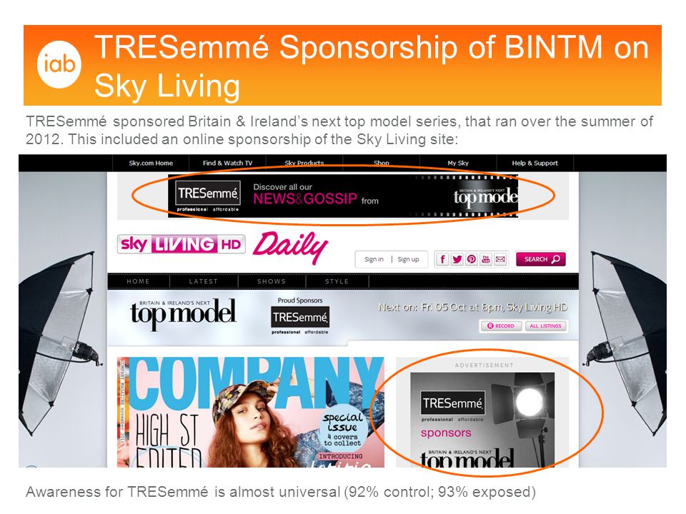 TRESemmé Sponsorship of BINTM on Sky Living TRESemmé sponsored Britain & Ireland’s next top model series, that ran over the summer of 2012.