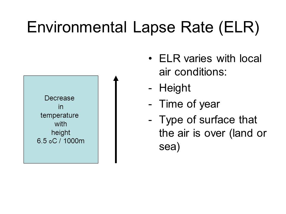 Environmental Lapse Rate (ELR) ELR varies with local air conditions: -Height -Time of year -Type of surface that the air is over (land or sea) Decrease in temperature with height 6.5 o C / 1000m