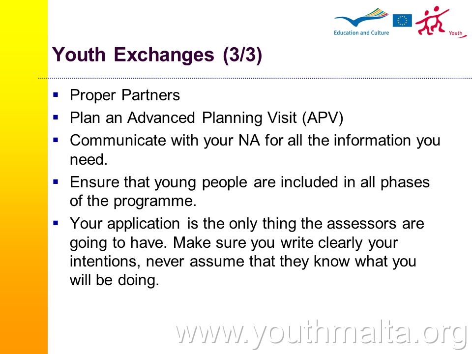 Youth Exchanges (3/3)  Proper Partners  Plan an Advanced Planning Visit (APV)  Communicate with your NA for all the information you need.