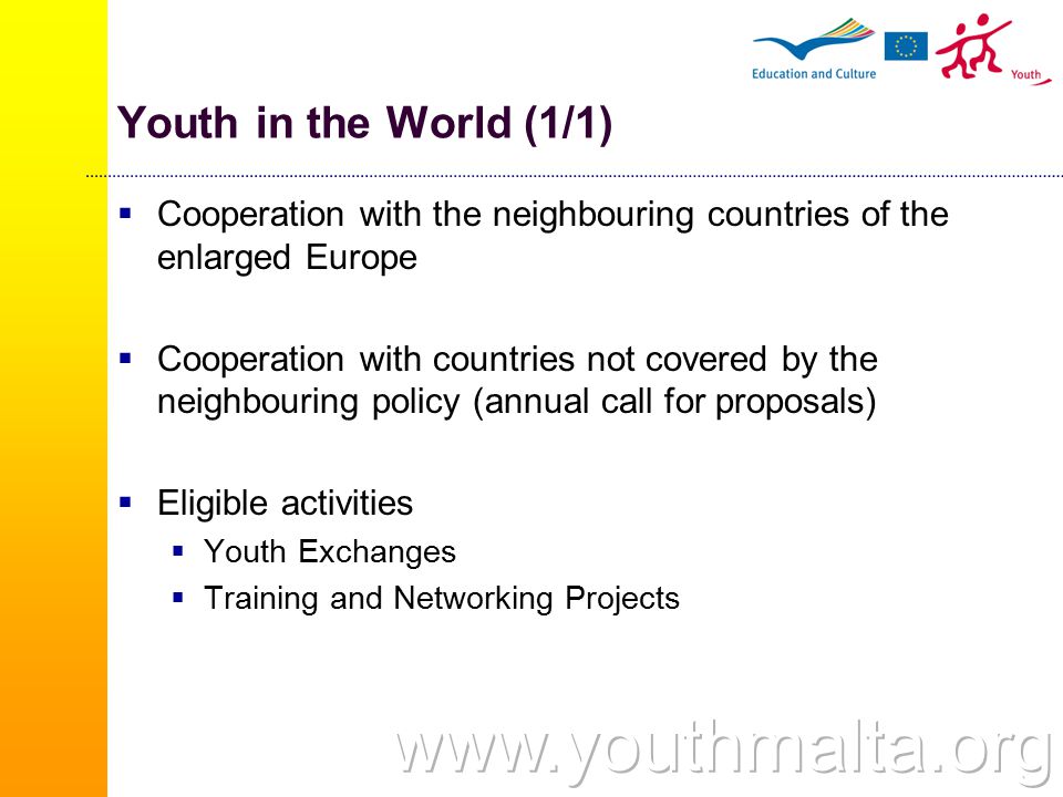 Youth in the World (1/1)  Cooperation with the neighbouring countries of the enlarged Europe  Cooperation with countries not covered by the neighbouring policy (annual call for proposals)  Eligible activities  Youth Exchanges  Training and Networking Projects