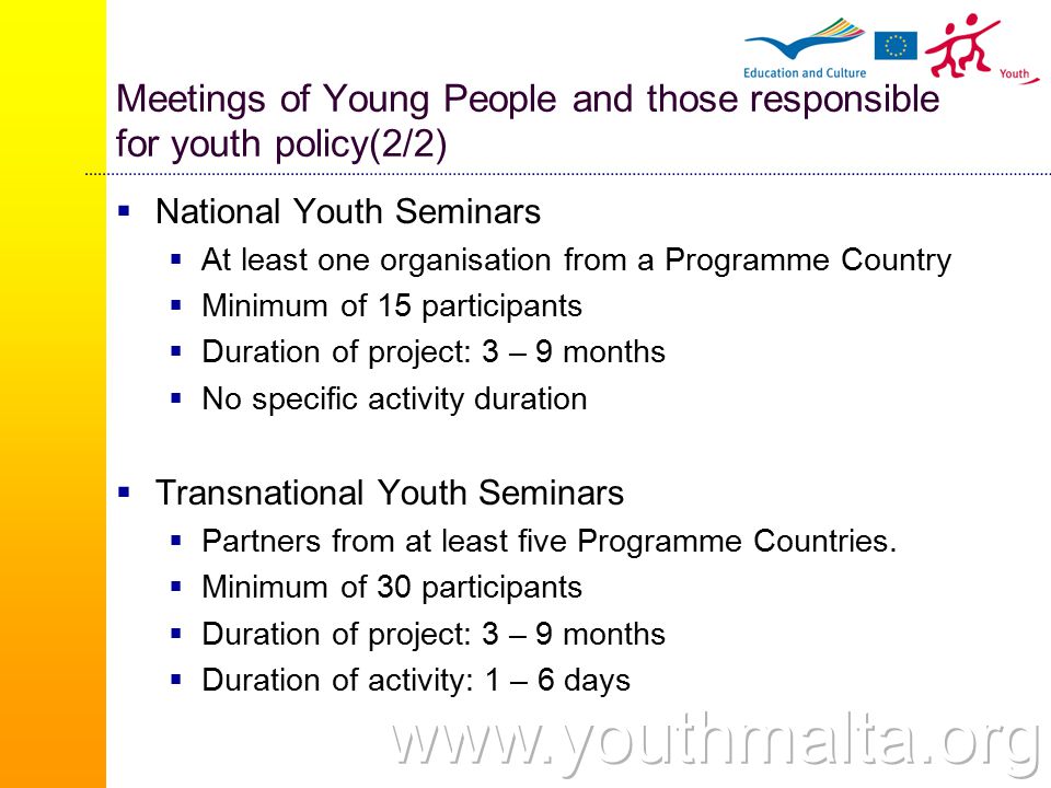Meetings of Young People and those responsible for youth policy(2/2)  National Youth Seminars  At least one organisation from a Programme Country  Minimum of 15 participants  Duration of project: 3 – 9 months  No specific activity duration  Transnational Youth Seminars  Partners from at least five Programme Countries.
