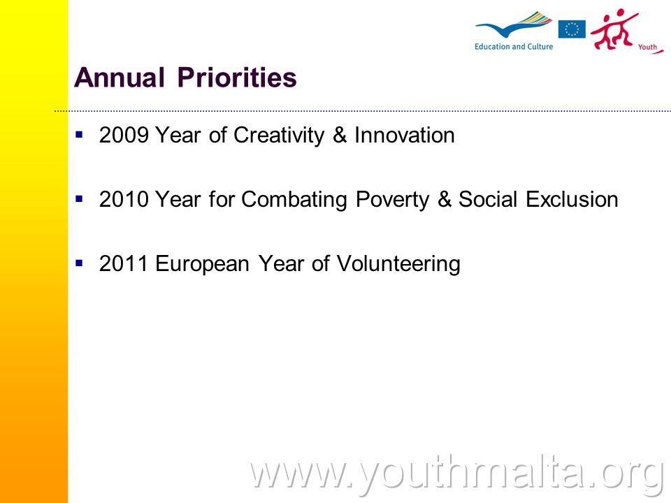 Annual Priorities  2009 Year of Creativity & Innovation  2010 Year for Combating Poverty & Social Exclusion  2011 European Year of Volunteering