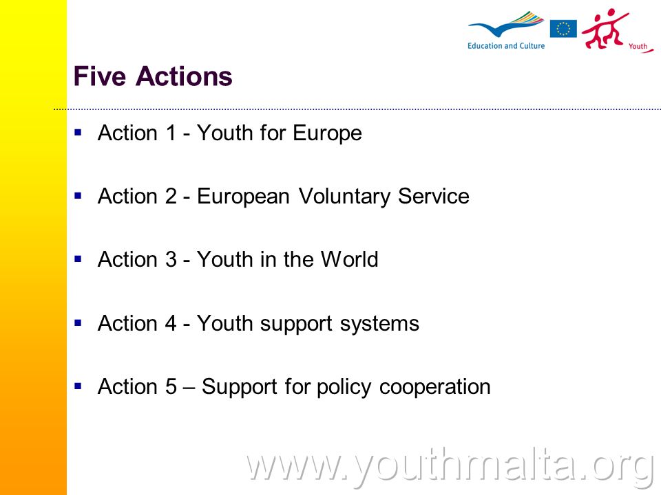 Five Actions  Action 1 - Youth for Europe  Action 2 - European Voluntary Service  Action 3 - Youth in the World  Action 4 - Youth support systems  Action 5 – Support for policy cooperation