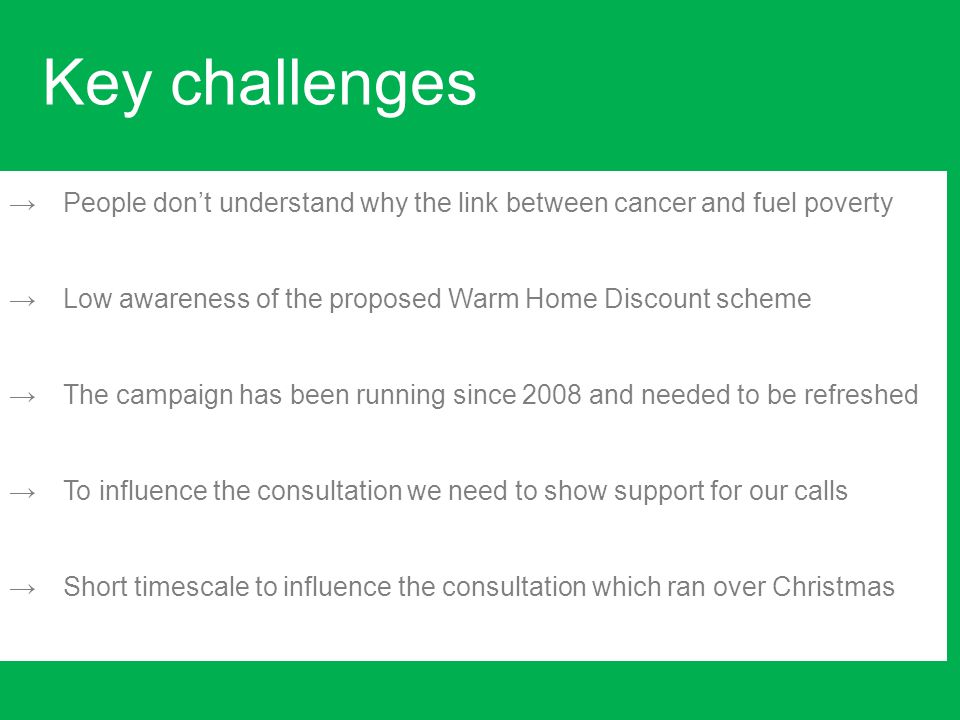 →People don’t understand why the link between cancer and fuel poverty →Low awareness of the proposed Warm Home Discount scheme →The campaign has been running since 2008 and needed to be refreshed →To influence the consultation we need to show support for our calls →Short timescale to influence the consultation which ran over Christmas Key challenges