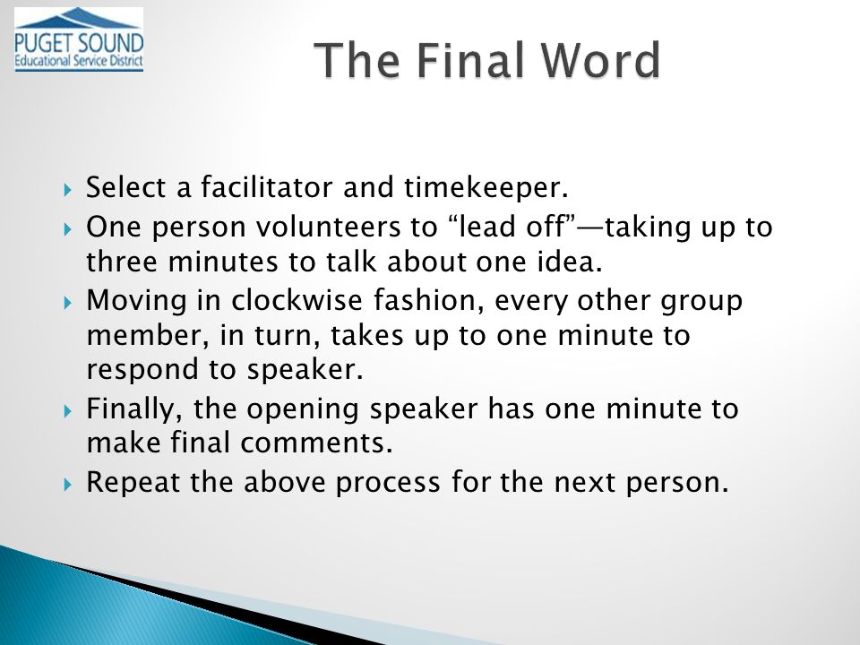  Select a facilitator and timekeeper.