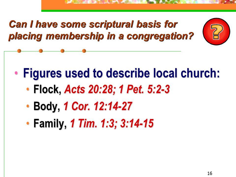 16 Can I have some scriptural basis for placing membership in a congregation.