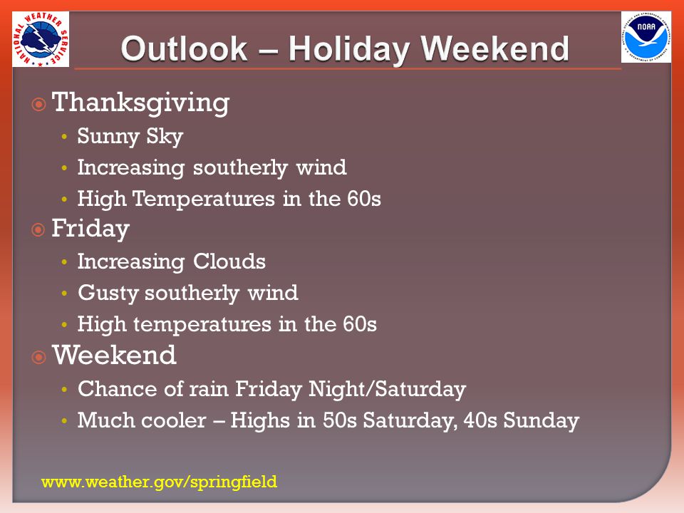  Thanksgiving Sunny Sky Increasing southerly wind High Temperatures in the 60s  Friday Increasing Clouds Gusty southerly wind High temperatures in the 60s  Weekend Chance of rain Friday Night/Saturday Much cooler – Highs in 50s Saturday, 40s Sunday Outlook – Holiday Weekend
