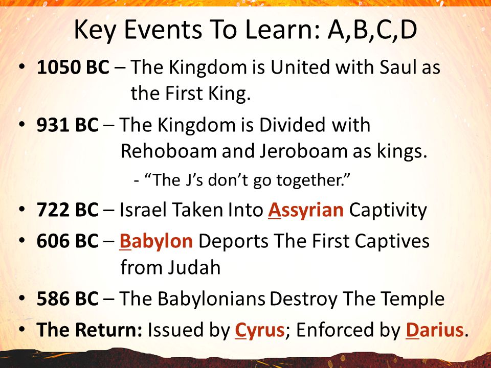 Key Events To Learn: A,B,C,D 1050 BC – The Kingdom is United with Saul as the First King.