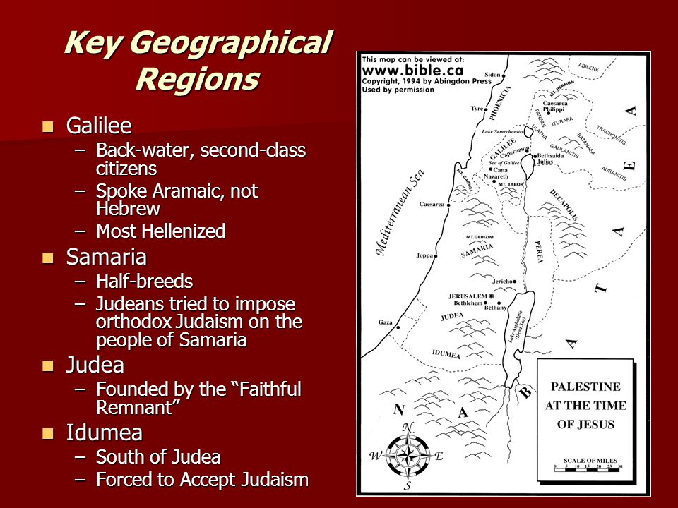 Key Geographical Regions Galilee Galilee –Back-water, second-class citizens –Spoke Aramaic, not Hebrew –Most Hellenized Samaria Samaria –Half-breeds –Judeans tried to impose orthodox Judaism on the people of Samaria Judea Judea –Founded by the Faithful Remnant Idumea Idumea –South of Judea –Forced to Accept Judaism