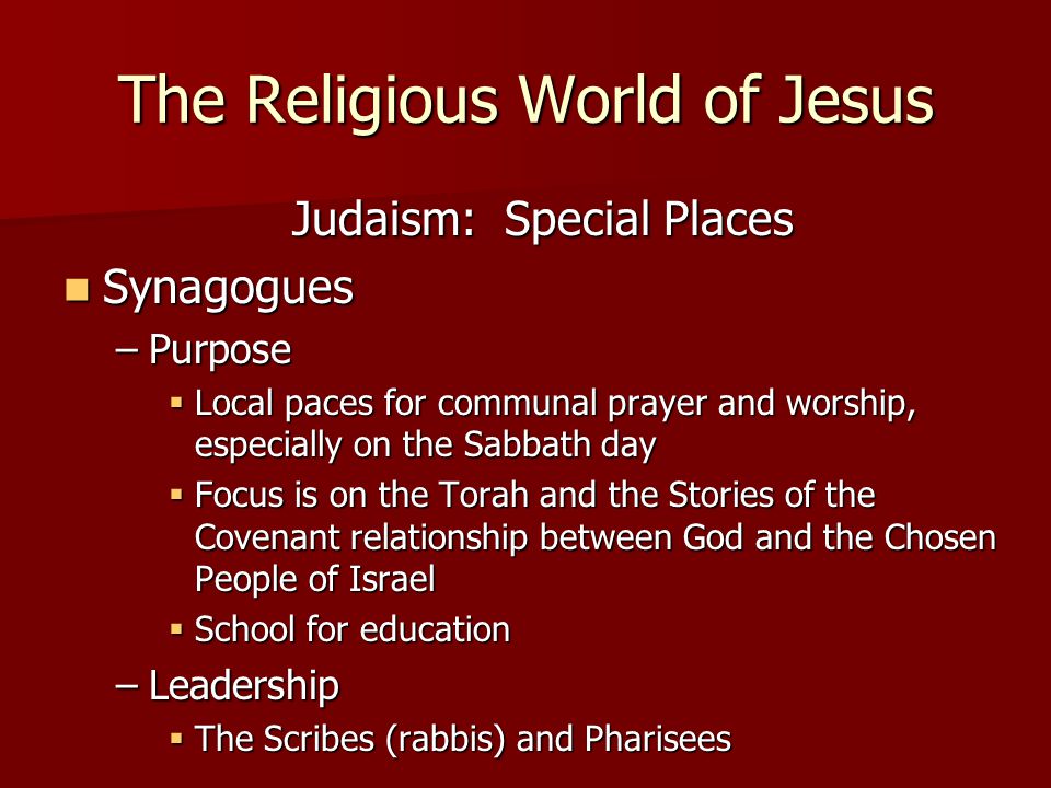 The Religious World of Jesus Judaism: Special Places Synagogues Synagogues –Purpose  Local paces for communal prayer and worship, especially on the Sabbath day  Focus is on the Torah and the Stories of the Covenant relationship between God and the Chosen People of Israel  School for education –Leadership  The Scribes (rabbis) and Pharisees