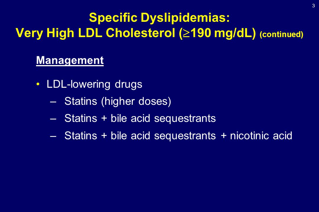 3 Specific Dyslipidemias: Very High LDL Cholesterol (  190 mg/dL) (continued) Management LDL-lowering drugs –Statins (higher doses) –Statins + bile acid sequestrants –Statins + bile acid sequestrants + nicotinic acid