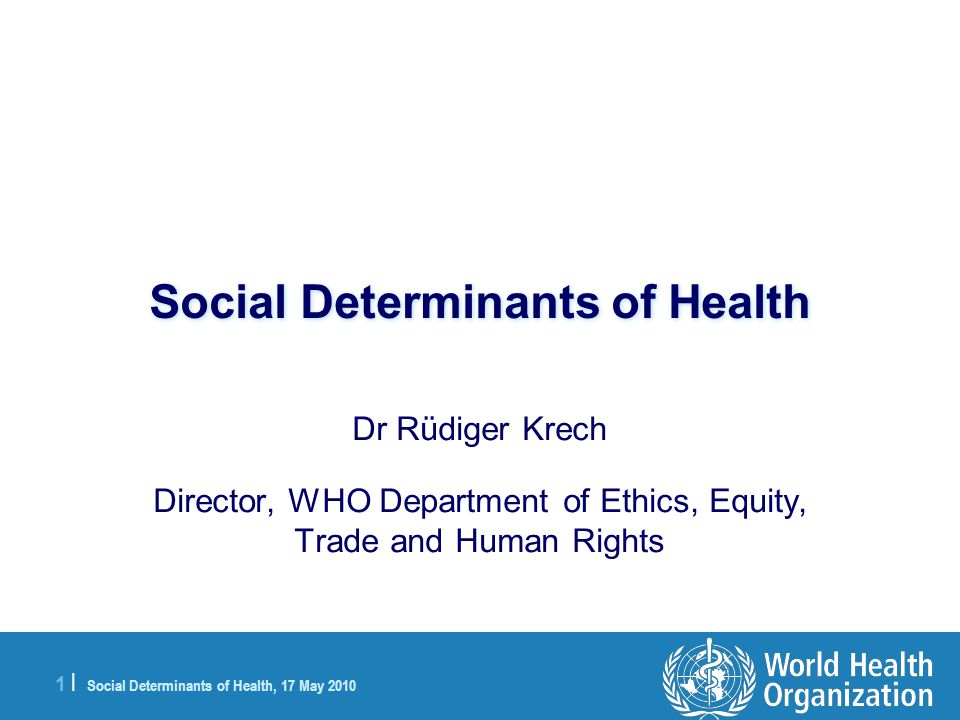 1 |1 | Social Determinants of Health, 17 May 2010 Social Determinants of Health Dr Rüdiger Krech Director, WHO Department of Ethics, Equity, Trade and Human Rights