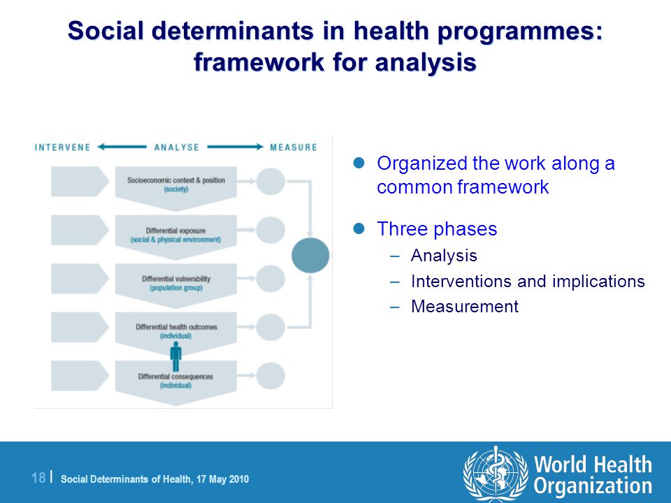 18 | Social Determinants of Health, 17 May 2010 Social determinants in health programmes: framework for analysis Organized the work along a common framework Three phases –Analysis –Interventions and implications –Measurement