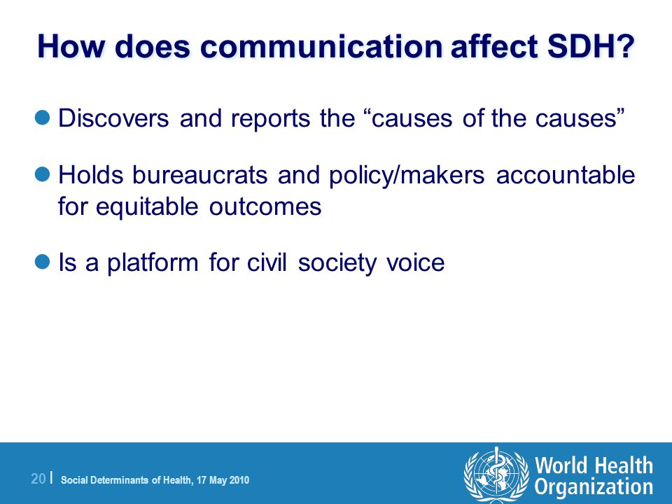 20 | Social Determinants of Health, 17 May 2010 How does communication affect SDH.