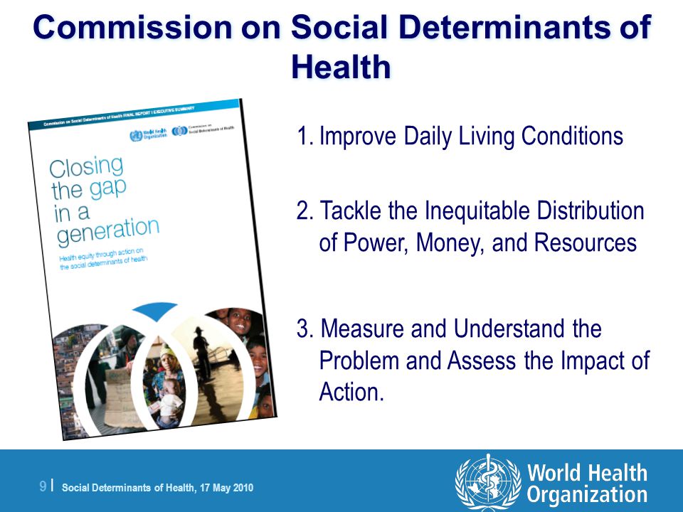 9 |9 | Social Determinants of Health, 17 May 2010 Commission on Social Determinants of Health 1.Improve Daily Living Conditions 2.