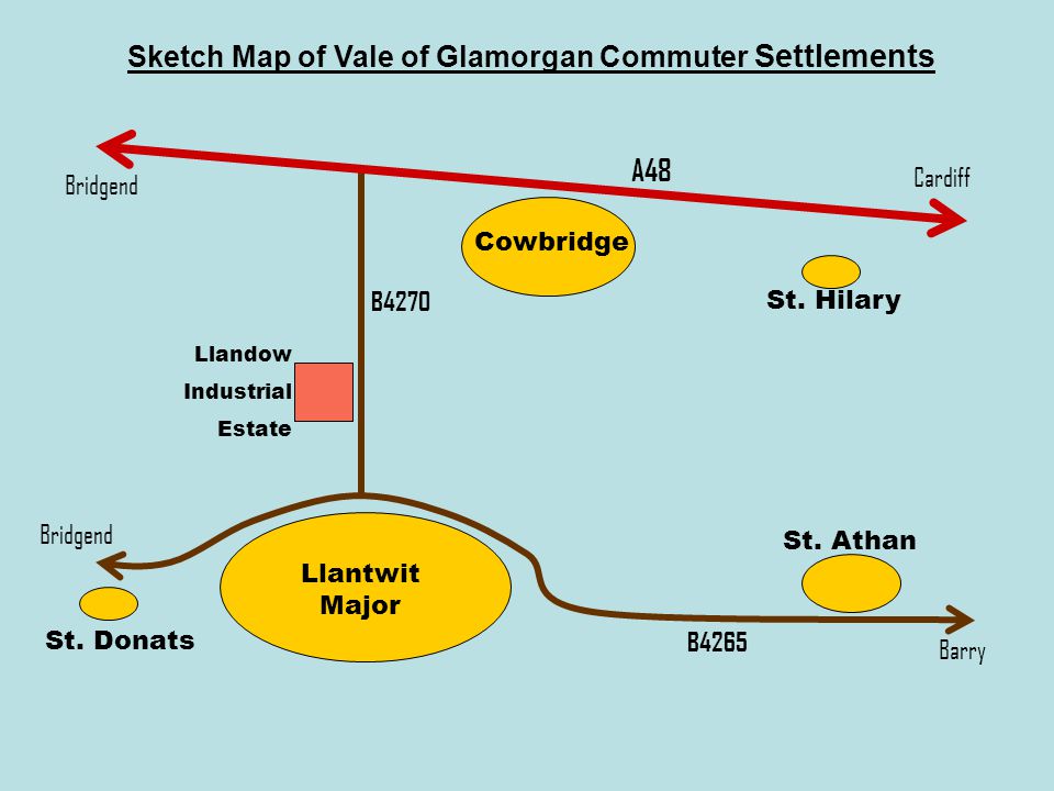 Sketch Map of Vale of Glamorgan Commuter Settlements Bridgend Cardiff Barry Llantwit Major Cowbridge St.