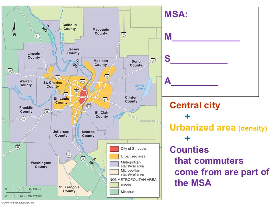 Central city + Urbanized area (density) + Counties that commuters come from are part of the MSA MSA: M_____________ S___________ A_________