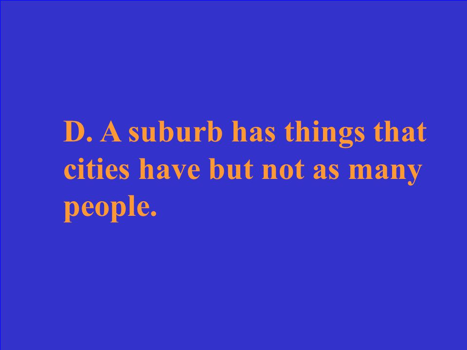Which is the best description of a suburb. A. A suburb has zoos.