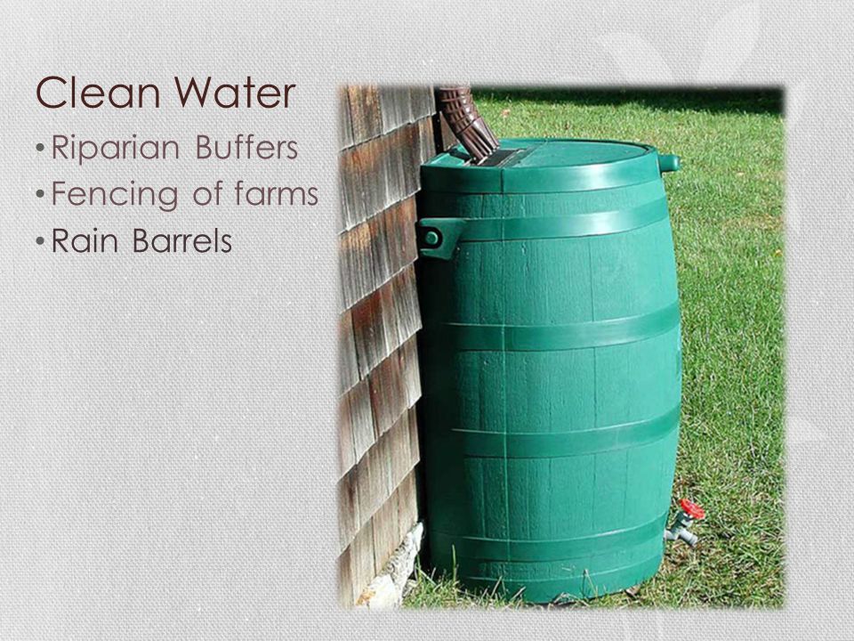 Clean Water Riparian Buffers Fencing of farms Rain Barrels