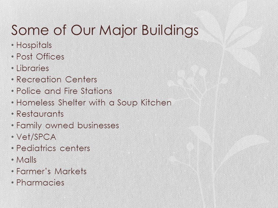 Some of Our Major Buildings Hospitals Post Offices Libraries Recreation Centers Police and Fire Stations Homeless Shelter with a Soup Kitchen Restaurants Family owned businesses Vet/SPCA Pediatrics centers Malls Farmer’s Markets Pharmacies