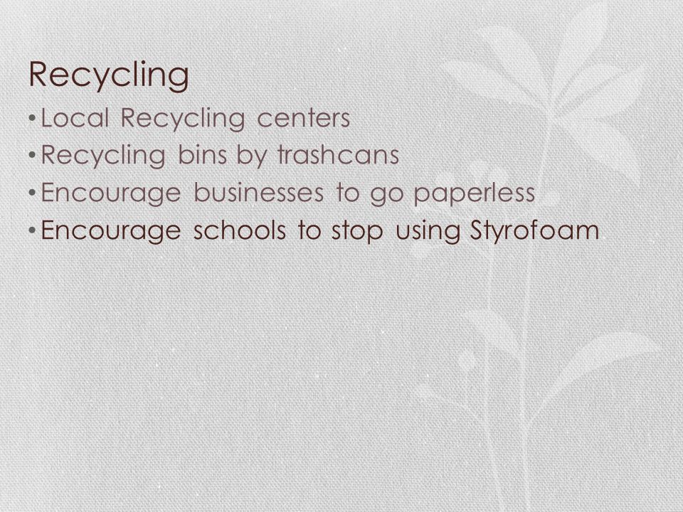 Recycling Local Recycling centers Recycling bins by trashcans Encourage businesses to go paperless Encourage schools to stop using Styrofoam