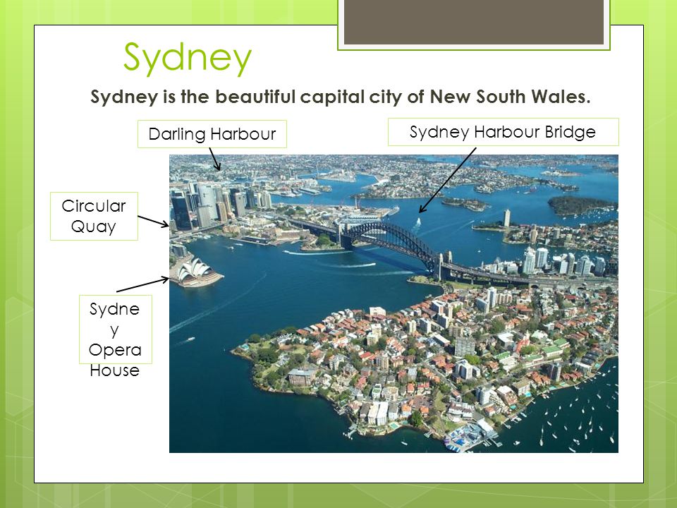 Sydney Sydney is the beautiful capital city of New South Wales.